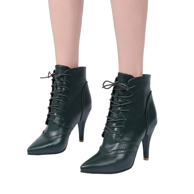 Stiletto High Heel Dress Combat Boots for Women Leather Lace up Pointed Toe Winter Fall Short Ankle Booties