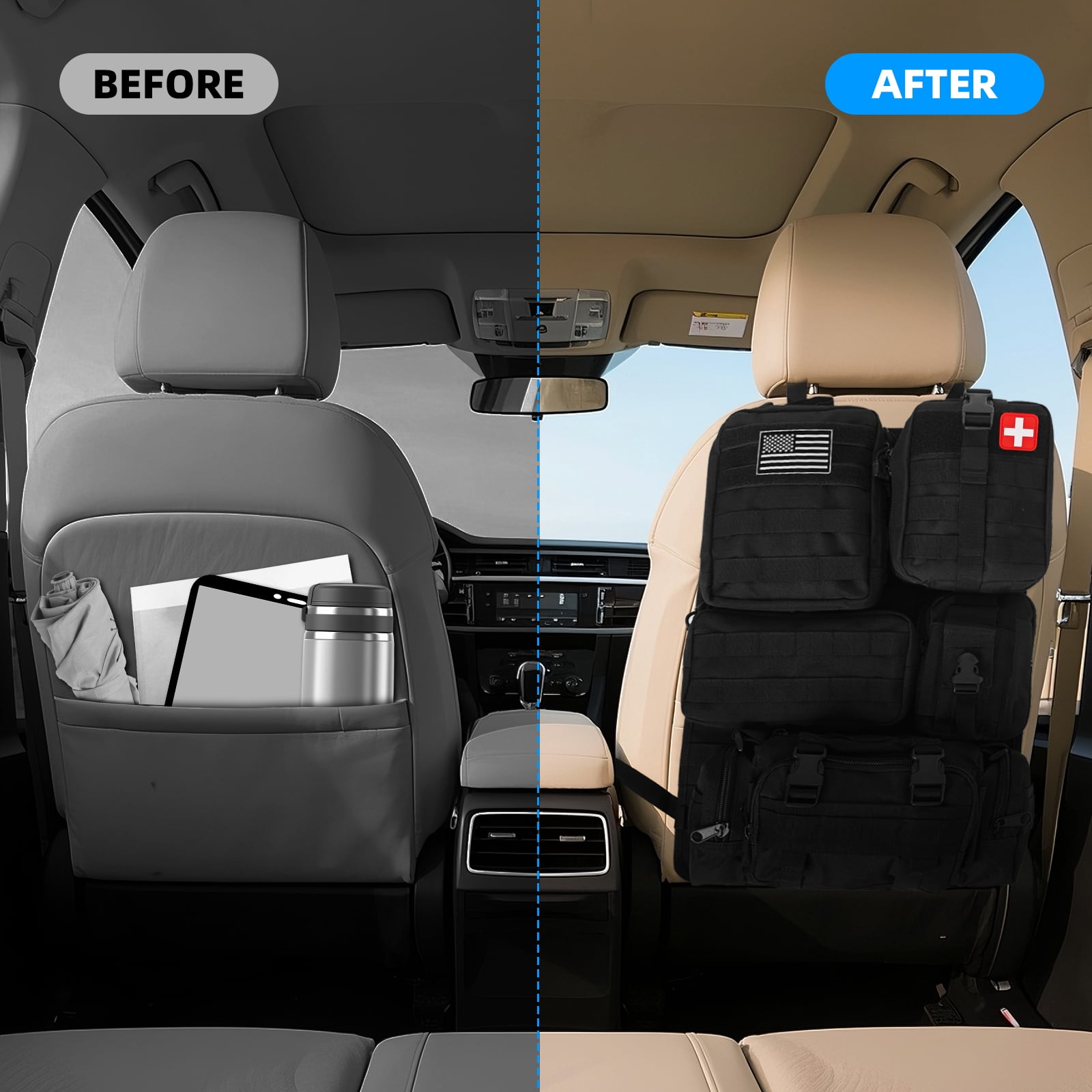 FANOTEK Universal Tactical Car Seat Back Organizer Bag, Vehicle Organizers Panel with 5 Detachable Molle Pouches Pocket for Most Car SUV Sedan Truck Jeep Black