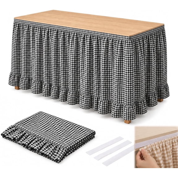Gingham Desk Skirt, 6ft Checkered Table Skirt with Ruffled Hem (Black) | Gingham Table Skirt With Ruffled Edge, Hook And Loop Fasteners For Teacher Desks, Parties And Display Tables