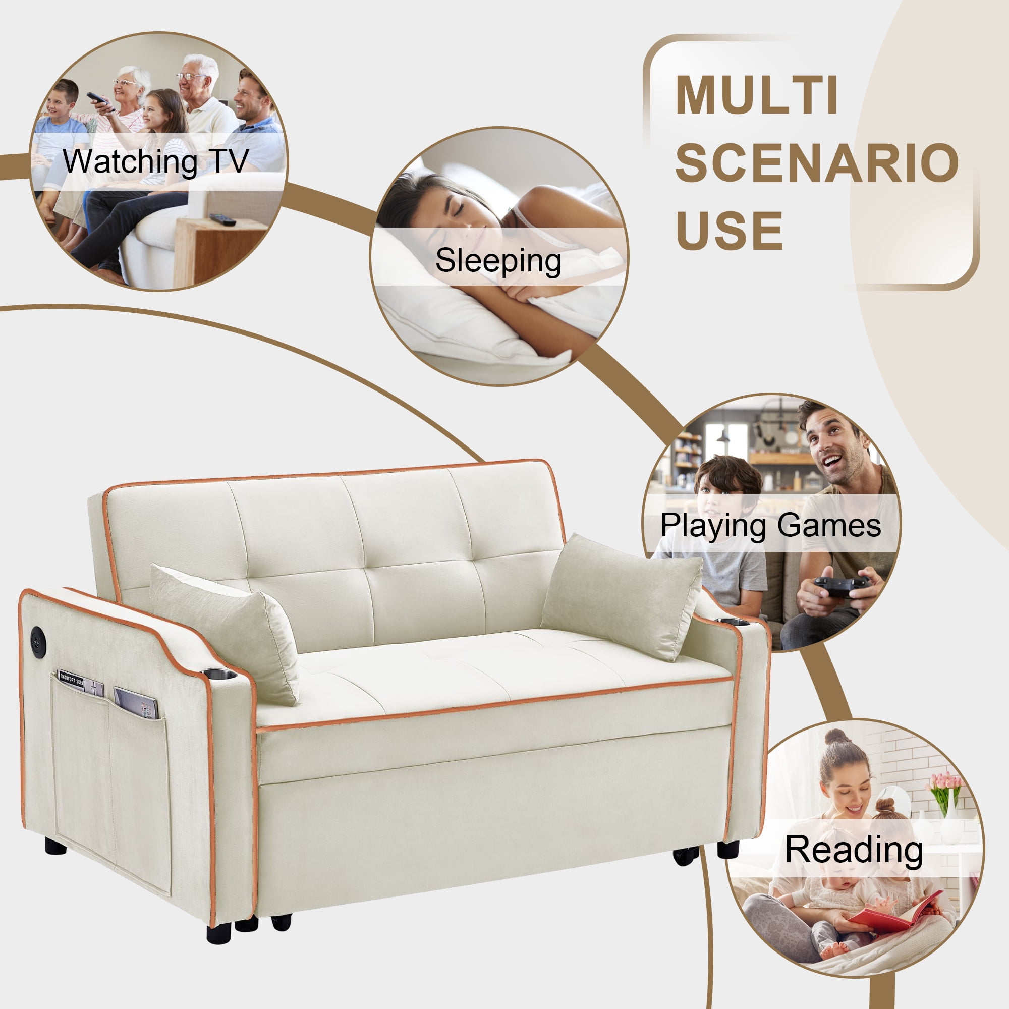 Momspeace Futon Sleeper Sofa Bed with Pull Out Bed, Convertible Sofa Couch Loveseat with Cup Holders and USB Port for Living Room - Cream White