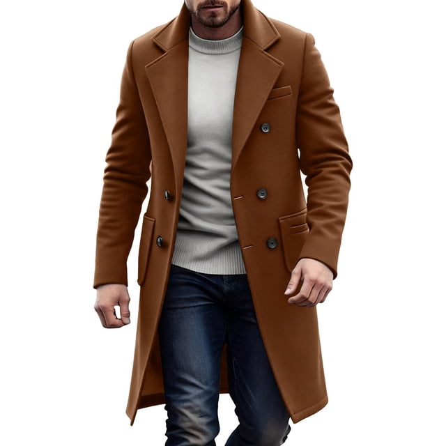 Yusimy Men's Trench Coat Mid-Length Solid Slim Fit Double Breasted Wool Overcoat Versatile Outerwear