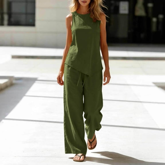 TaTaai Women’s Solid Color Linen Like Crew Neck Sleeveless Top Wide Leg Pants Pocket Outfit Set Two Piece Set for Summer