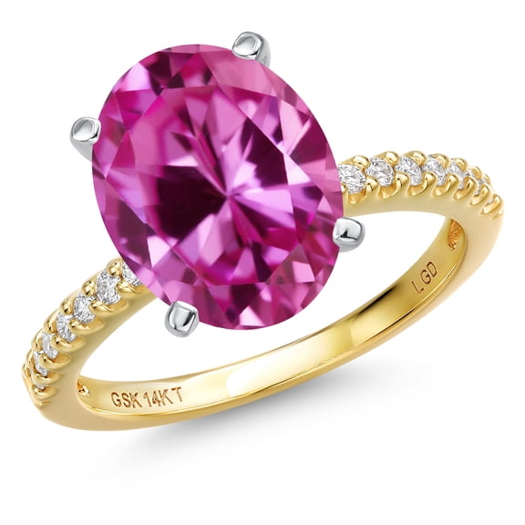 Gem Stone King 14K Two Tone Gold Pink Created Sapphire and Lab Grown Diamond Engagement Ring for Women | 7.66 Cttw | Oval 12X10MM | Gemstone September Birthstone | Size 6