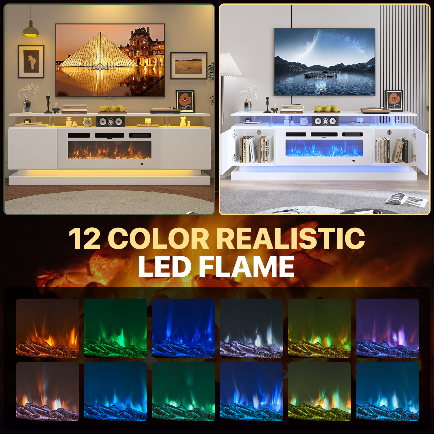 BaPiPro 70" Modern Electric Fireplace TV Stand for TVs Up to 80", Entertainment Center with Music Sync LED Lights & Storage Cabinets, Media Console for Living Room, White