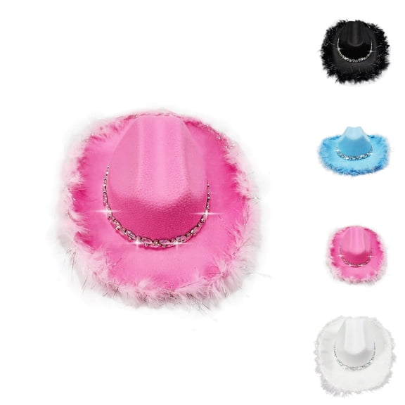 Girls Rhinestone Cowboy Hat With Feather Trim - Sparkling Western Style Party Hats For Kids 4-10 Years, Pink Cowgirl Hat For Carnival Beach Festival & Birthday