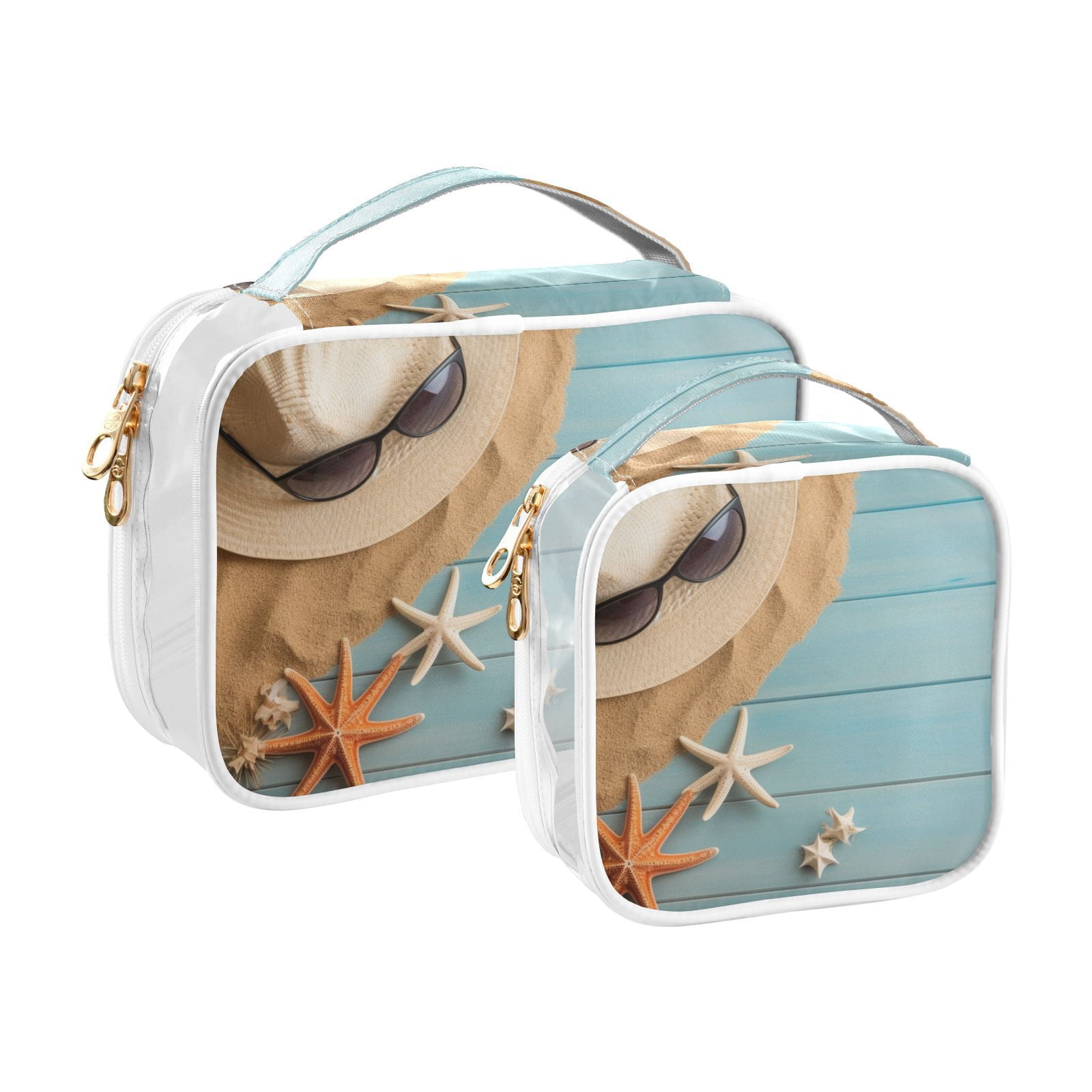 Clear Makeup Bags with Handle Large Opening 2 Pack Set Toiletry Bag Quart Size Bag, for Women Man Traveling Travel Essentials, Toiletries and Other. Holiday Beach Starfish
