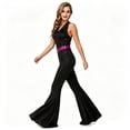 thumbnail image 3 of Women 70s Disco Jumpsuit Costume, Sparkly Halter V‑Neck Bell Bottom Jumpsuit with Pink Sequin Belt, Retro Disco Outfit for Halloween Theme Party Cosplay, 3 of 7