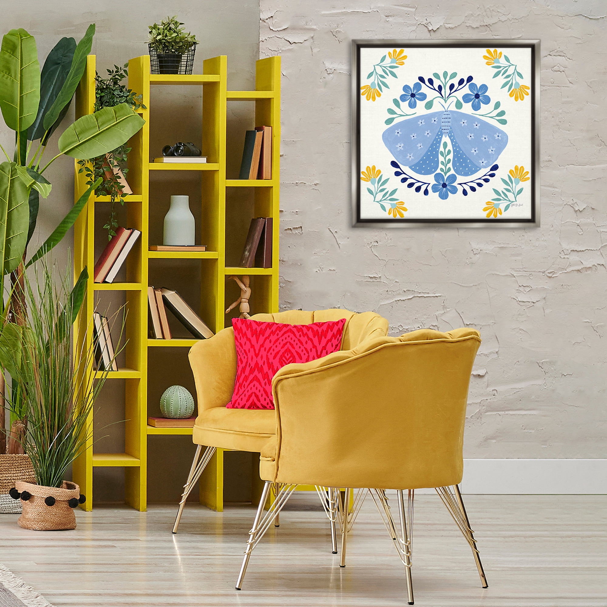Stupell Industries Blue Folk Butterfly Insects Painting Gray Floater Framed Canvas Art Print Wall Art, 25 x 25