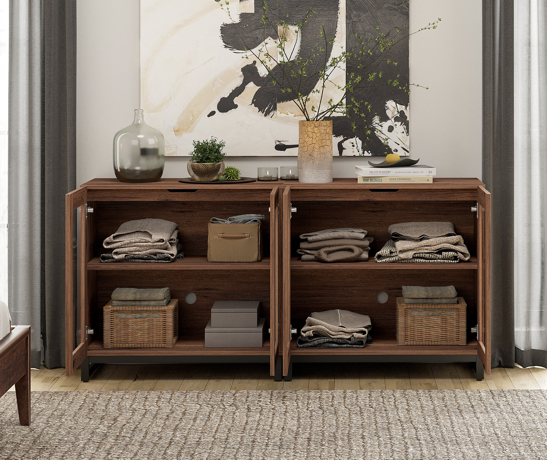 WAMPAT 2 in 1 Multifunctional Sideboard Buffet Cabinets with 4 Glass Doors, Modern Sideboard Credenza with Adjustable Shelf, Coffee Bar Storage Cabinet for Living Room, Kitchen, Brown