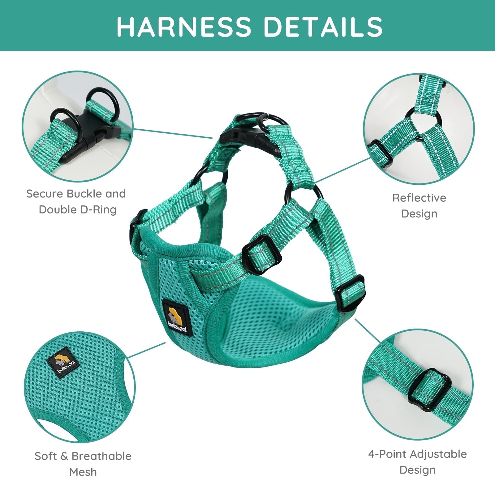 BELLA & PAL Puppy Harness, Dog Harness Small Sized Dog, No Pull Dog Harness, Dog Harness for Small Dogs, Step in Harness for Extra Small Dogs, Dog Harness for Medium Dogs, Emerald, XL