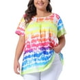 thumbnail image 1 of Camisetas básicas de verano de mujer plus size Agnes Orinda, con cuello redondo, mangas cortas, pliegues y diseño de teñido anudado, talla 2X, arcoíris, 1 of 6