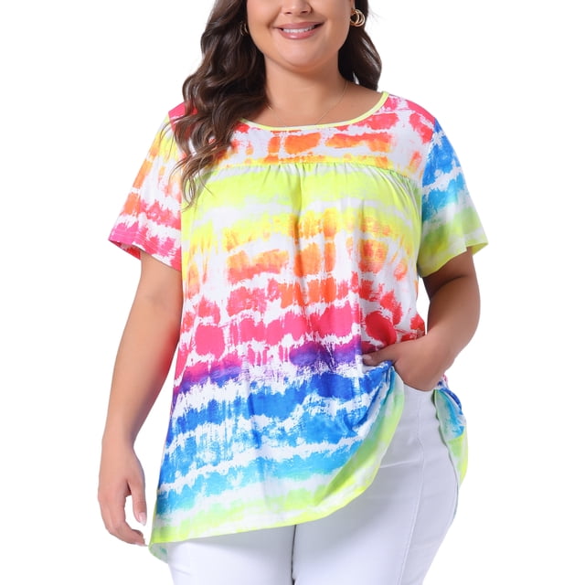 Camisetas básicas de verano de mujer plus size Agnes Orinda, con cuello redondo, mangas cortas, pliegues y diseño de teñido anudado, talla 2X, arcoíris