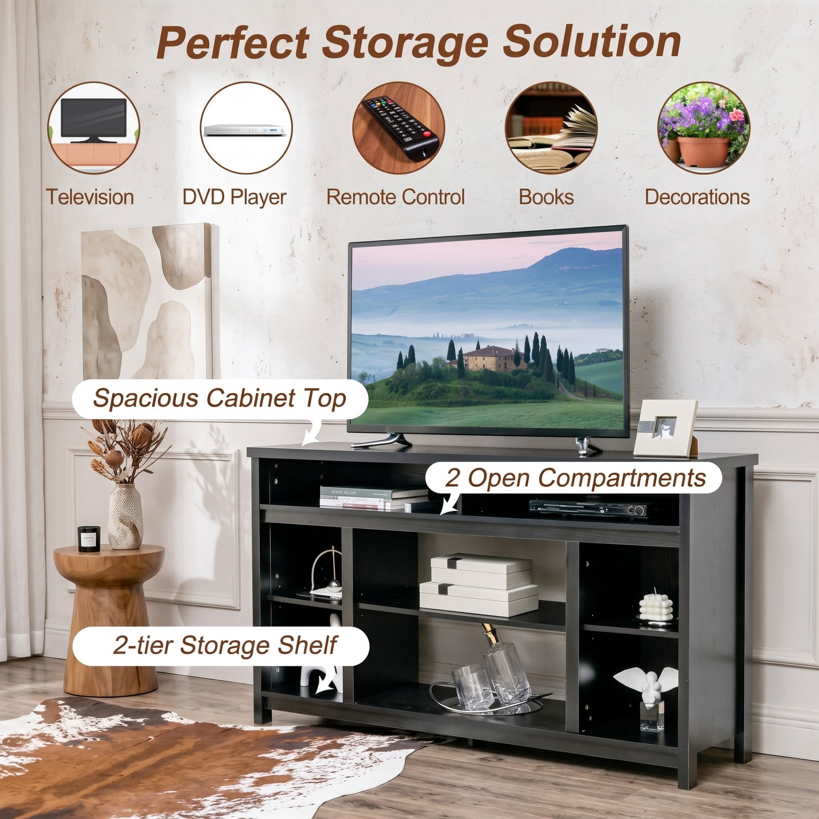 Furnibear 58 Inch TV Stand Entertainment Center Console with Adjustable Open Shelves and Cable Management for TVs up to 65 Inch, Engineered Wood Media Console, Black