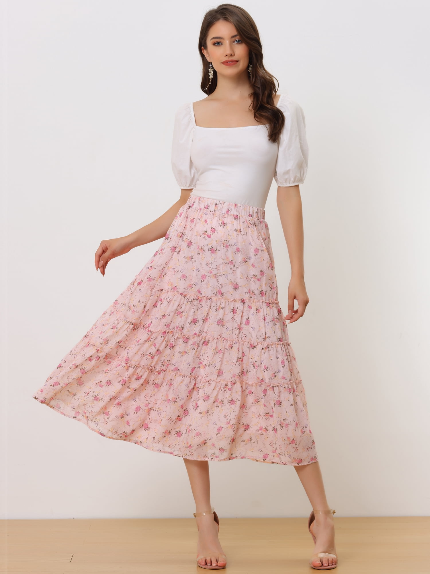 DARING DIVA Women's Chiffon Tiered A-Line Maxi Skirt 2XL Pink