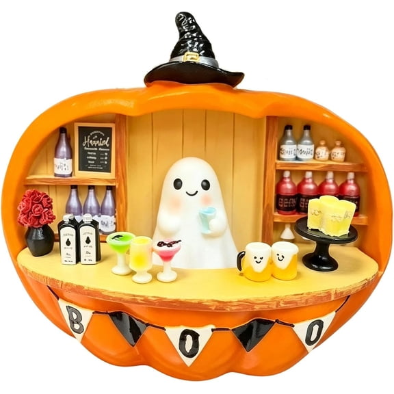 Halloween Light up Pumpkin Ghost Bartender Figurine, Halloween Decoration Spooky Cute Resin Ornament, Mini Ghost Bar Tabletop Decor for Kitchen Shelf Mantel ,Orange Great Gifts