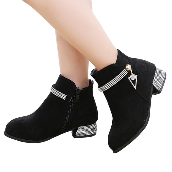 Rokment Girls Suede Ankle Booties Rhinestone Trim Side Zipper Low Heel