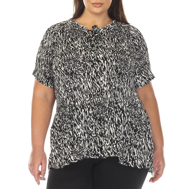 White Mark Blouse à Manches Courtes Imprimée à Col Noué, Grande Taille pour Femmes, 1X-3X
