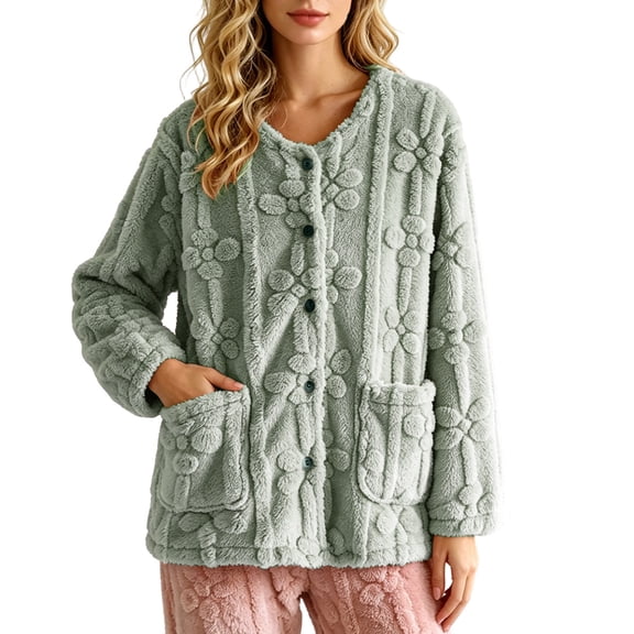 Sevevn Women's Embossed Fleece Jacket Button Down Long Sleeve Top Soft Plush Loungewear with Pockets Winter Homewear Blue XL