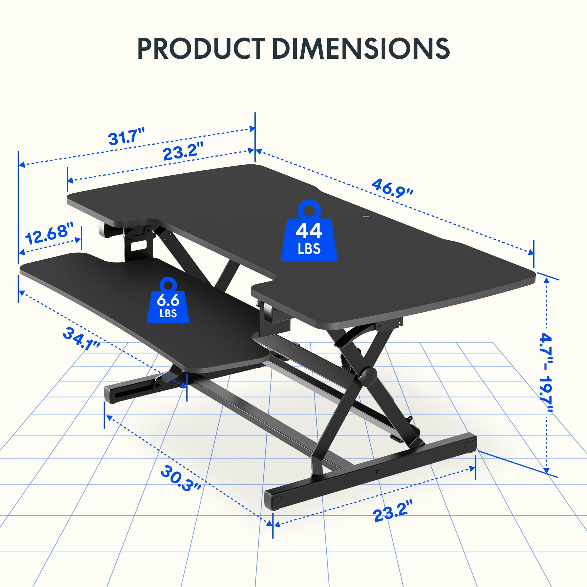 FLEXISPOT 47 " Height Adjustable Stand Up Desk Converter, Height Adjustable Sit to Stand Riser, Dual Monitor and Laptop Workstation with Wide Keyboard Tray,Black