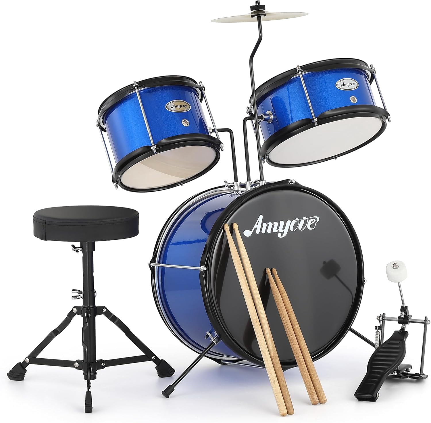 Senfot 3-Piece Drum Set, Wood & Metal, Bass Drum, 2 Toms, Cymbal, Sticks, Pedal & Stool, Beginner Kit, Blue
