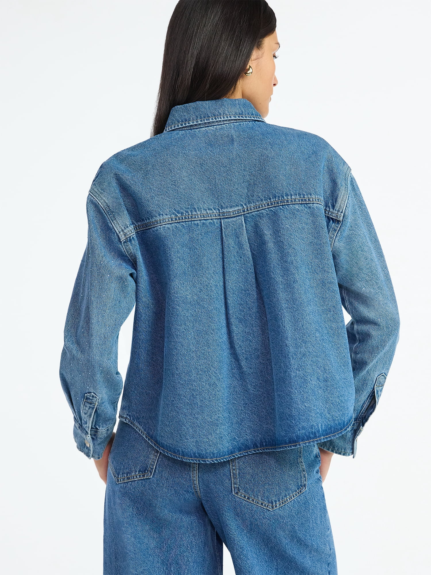 Scoop Women’s Rhinestone Embellished Cotton Denim Shirt with Long Sleeves, Sizes XS-4X