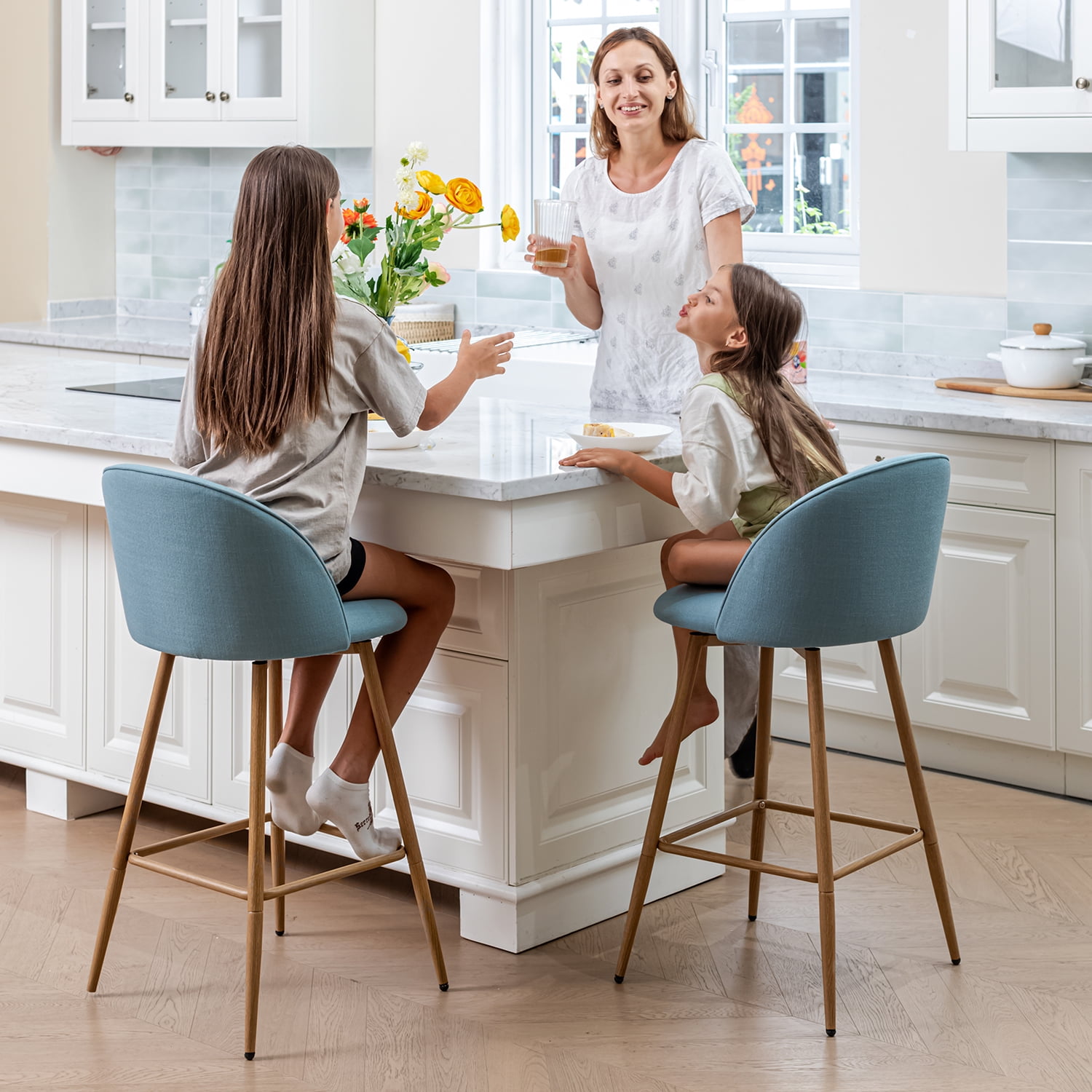 Ensemble de 2 tabourets de bar modernes Homy Casa avec revêtement en tissu - Hauteur du siège 66 cm pour îlot de cuisine - bleu