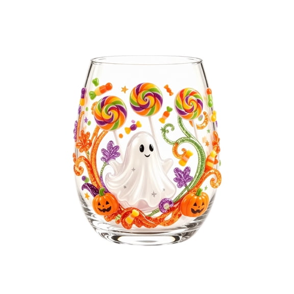 2D Halloween Artisan Glassware Collection, Stemless Drinking Glasses with Raised Pumpkin Ghost Black Cat Web Design, Spooky Clear Cups for Cocktails Juice Iced Coffee Decor (Candy Ghost)