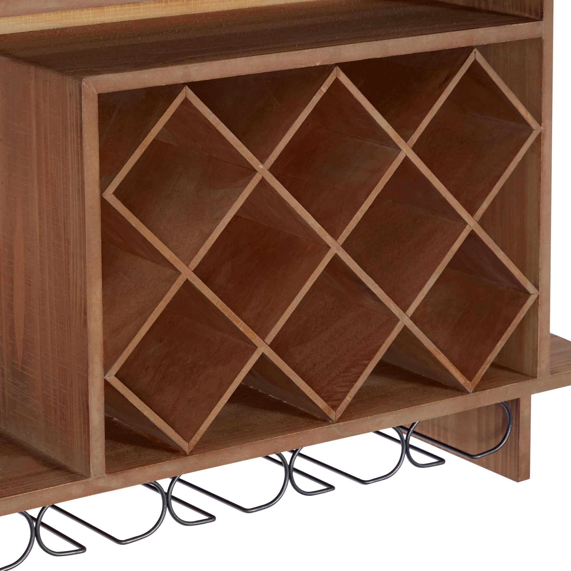 DecMode 34" x 20" Brown Wood Geometric 8 Bottle Wall Wine Rack with 6 Glass Holder Slots, 1-Piece