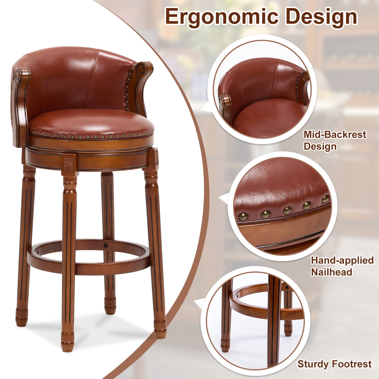 Aulife Bar Stools Counter Height Rubber Wood Swivel Barstools with Back & Footrest-Genuine Leather Upholstered Bar Chair for Bar, Kitchen, Dining Room
