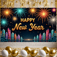 thumbnail image 5 of Colorful Fireworks Happy New Year Banner Golden Glitter Text Festive Backdrop Starry Night Background Vibrant Castle Design NYE Background for New Year Party Holiday Celebration Family Gathering, 5 of 9