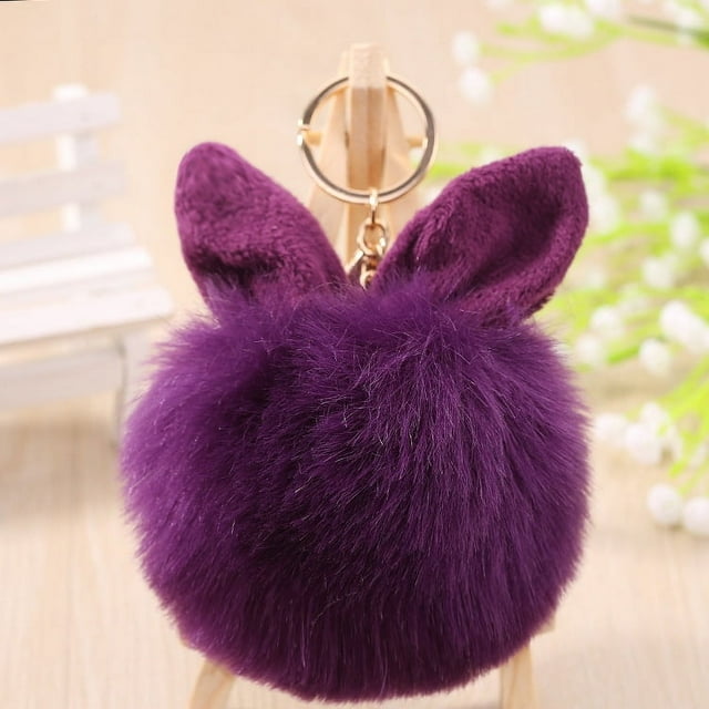 Llavero con pompón de bola de pelo de conejo sintético para llavero de coche, teléfono, bolso de mano, colgante
