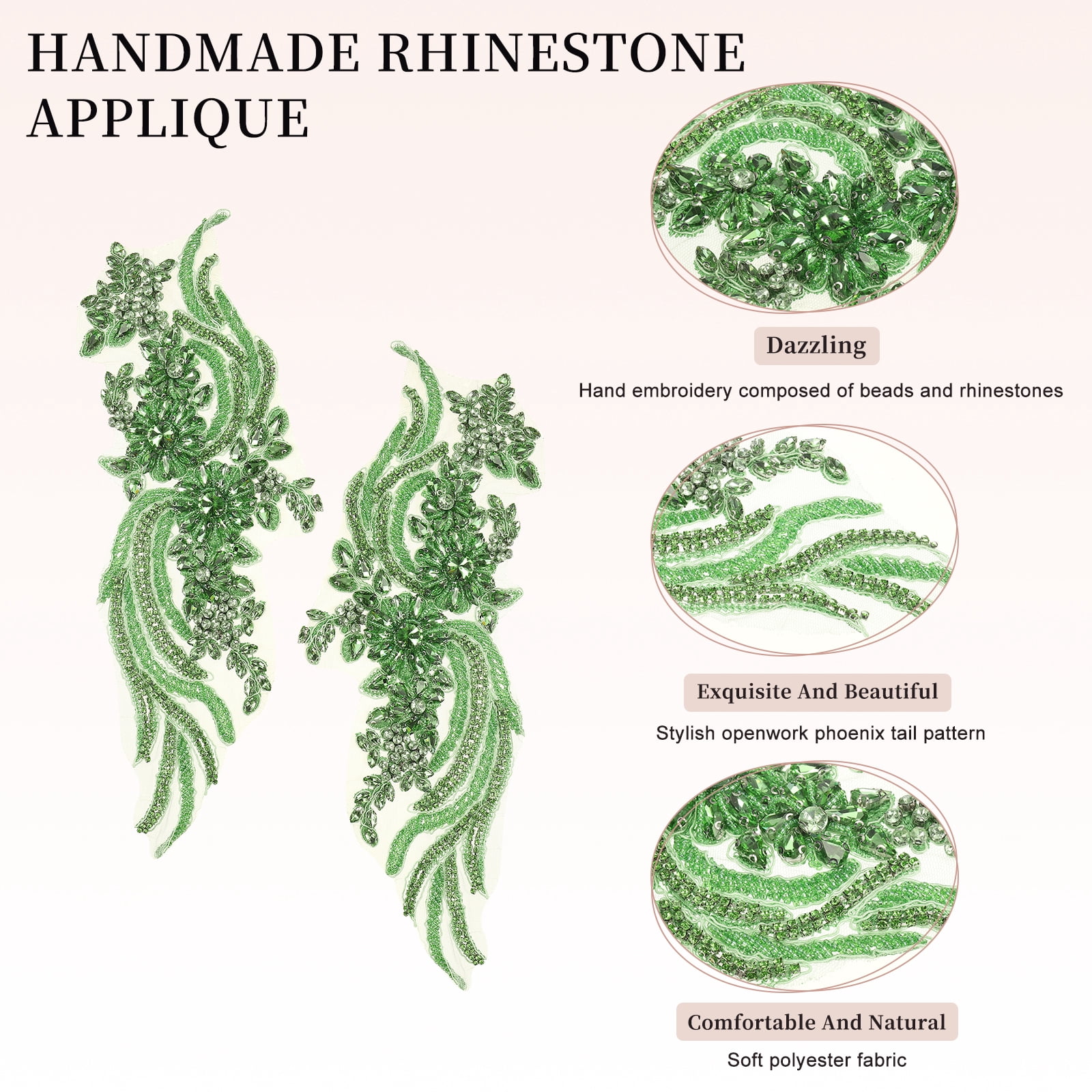 Uxcell 1 Pair Handmade Rhinestone Applique Patch, 14" x 5" Beaded Embroidery Sequin Patches for Sew on Wedding Dress Cloth DIY Crafts Decoration, Green