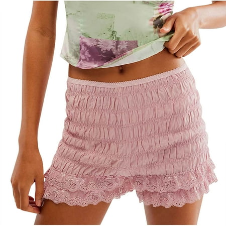 Women Ruffle Lace Trim Bloomers Y2k Smocked Boy Shorts Elastic Waist Pajama Shorts Cute Frill Ruched Micro Shorts