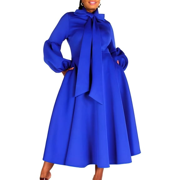 Women's Bowtie Neck Lantern Sleeve Dress A-Line Long Dress Cocktail Dresses