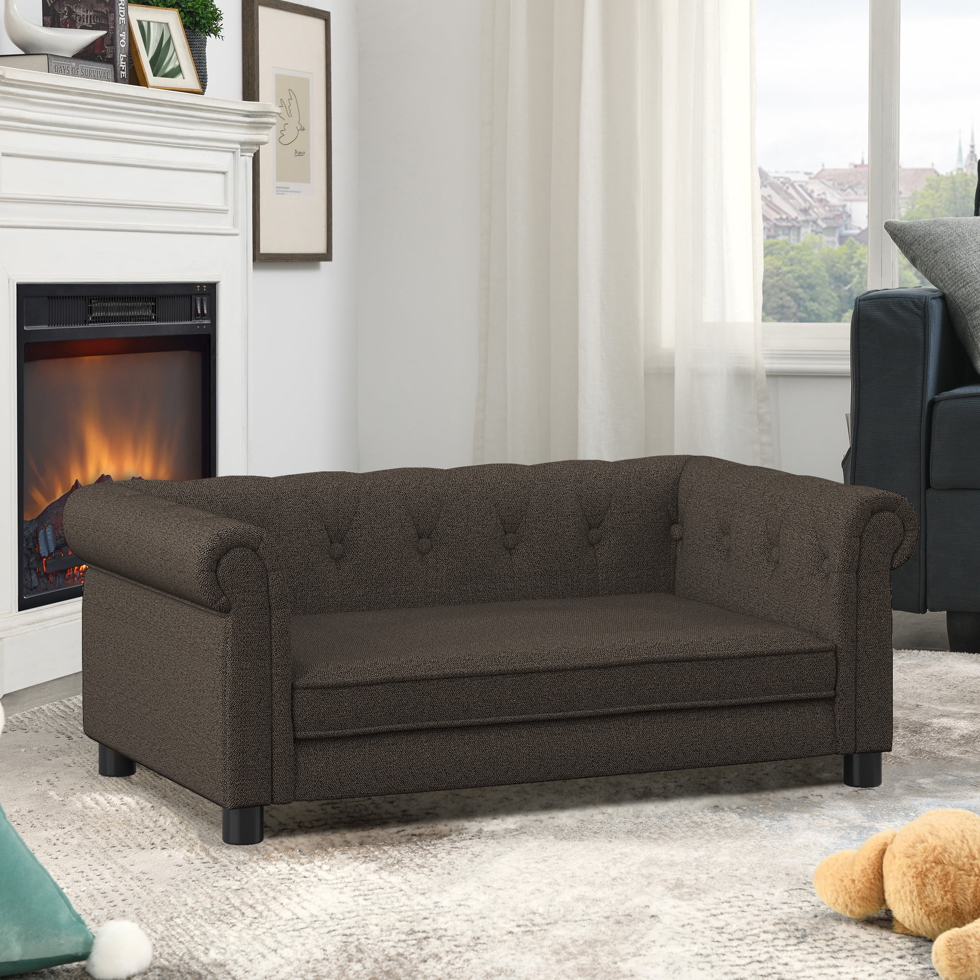 Jopath Dog Sofa, Durable Elevated Dog Sofa Bed Fashionable Linen Fabric Rectangular Pet Bed for Small and Medium-Sized Dogs Dark Brown