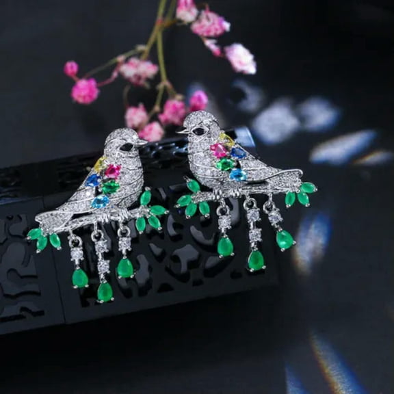 Animal Multicolor Cubic Zircon 925 Silver Bird Drop Earrings Fashion Jewelry Set