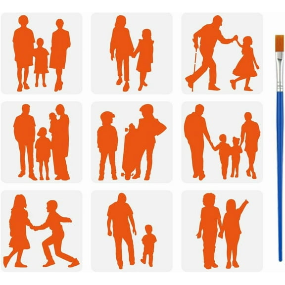 9 Pcs Family People Silhouettes Painting Stencil with Paint Brush 5.9x5.9inch Family Members Drawing Template Family Theme DIY Art Stencil for DIY Making