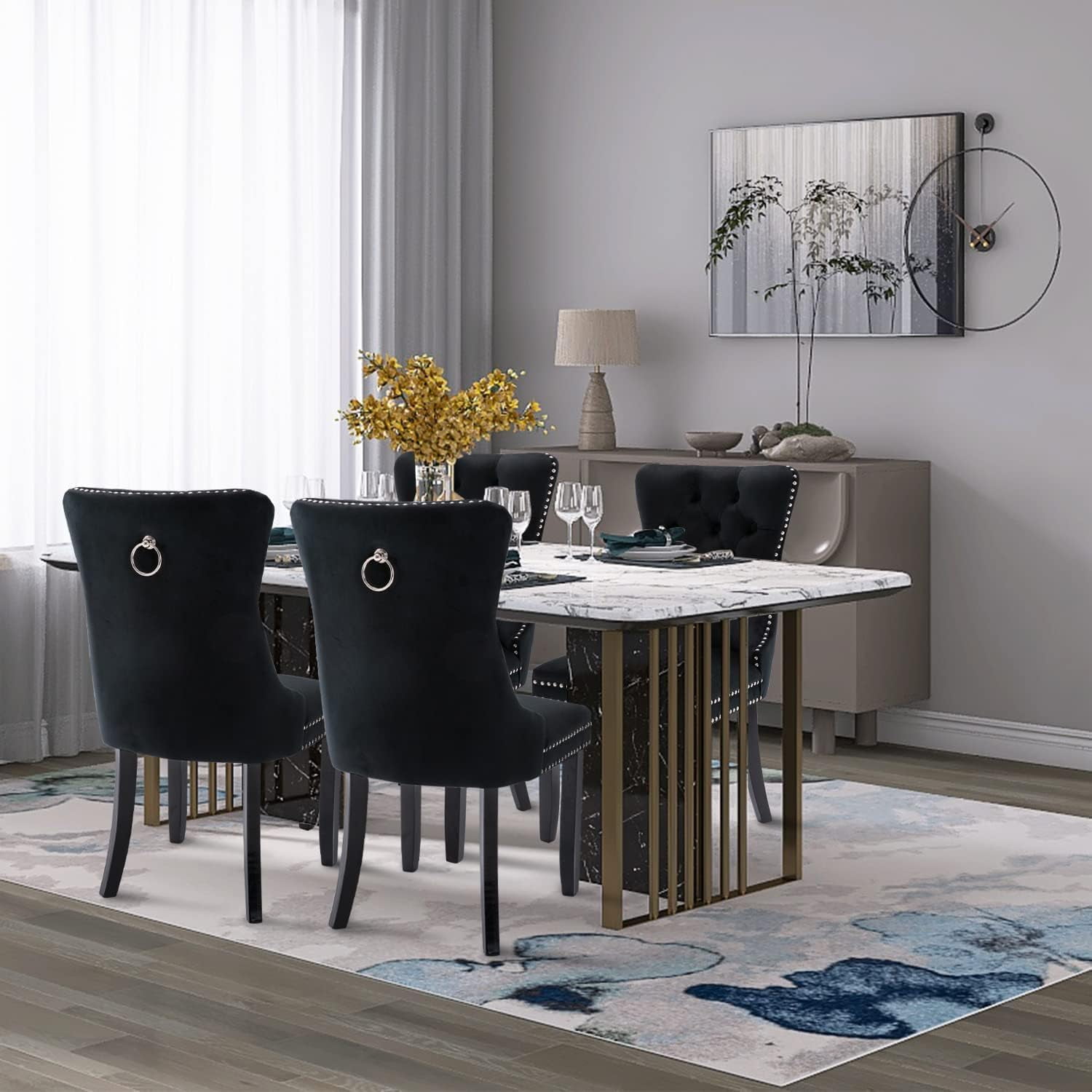 JESTOP Velvet Dining Chairs Set of 8, Tall Back Side Chair, Modern Upholstered High-end Tufted Side Chair with Button Back Ring, Solid Wood Legs (Black)