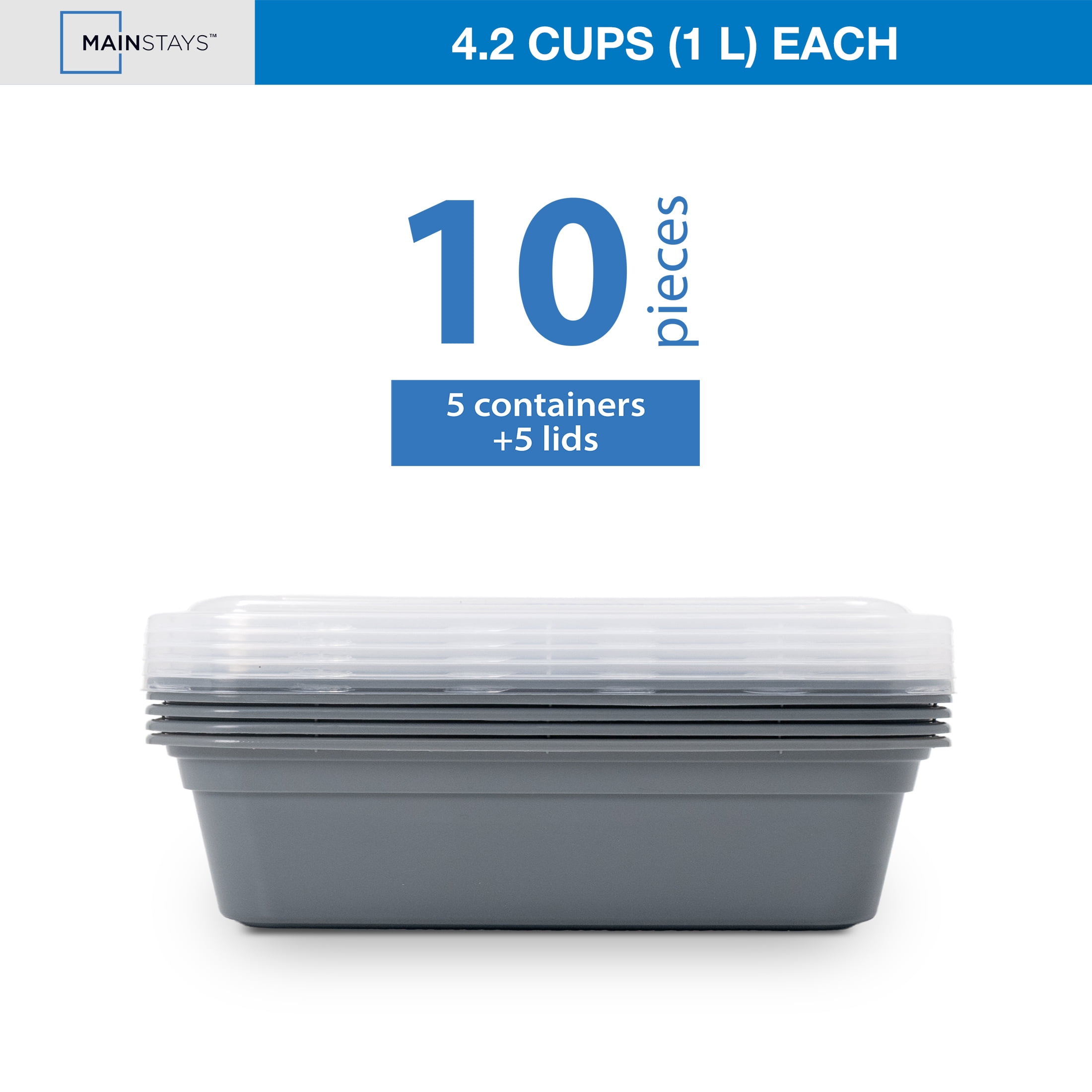 Mainstays 10-Piece 1-Compartment BPA-Free Plastic Meal Prep Food Storage Containers, 1 L