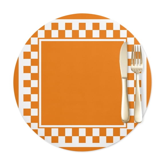 Round Placemats Set of 1, Yellow Checker Frame Faux Leather Placemat Waterproof Wipeable Table Mats 12in, Vintage Geometric Pattern Washable Place Mats for Kitchen Dining Table Party Outdoor