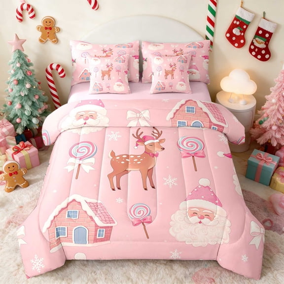Manfei Santa Twin Bedding 7pcs Christmas Bedding Comforter Set, Gray Red, Pink Reversible