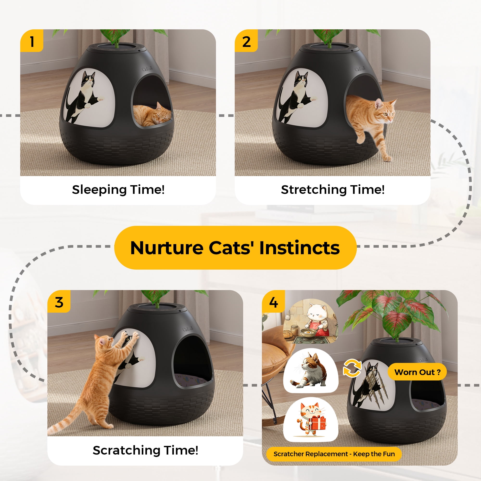 Jaxpety 4-in-1 Cat Bed for Indoor Cats, Large Cat House with Cat Scratcher, Odor Control & Plant Pot Design, Enclosed Cat Cave for Kitten & Adult Cats,Black