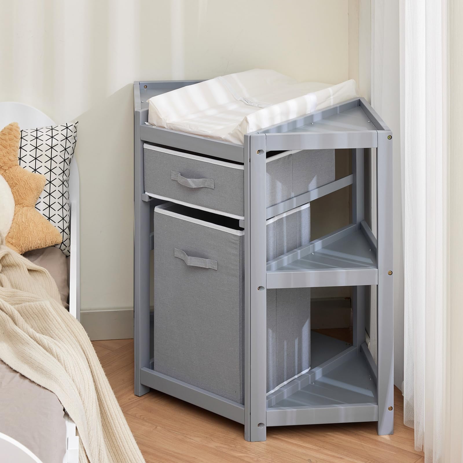 Garvee Corner Diaper Changing Table, Baby Diaper Changing Station with Storage Drawer and Laundry Hamper, Multi-Functional Changing Table Organizer with Pad for Newborn Infant, Gray