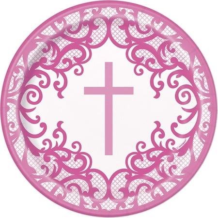 Fancy Pink Cross 8 Ct 7" Dessert Cake Plates Baptism Confirmation Church