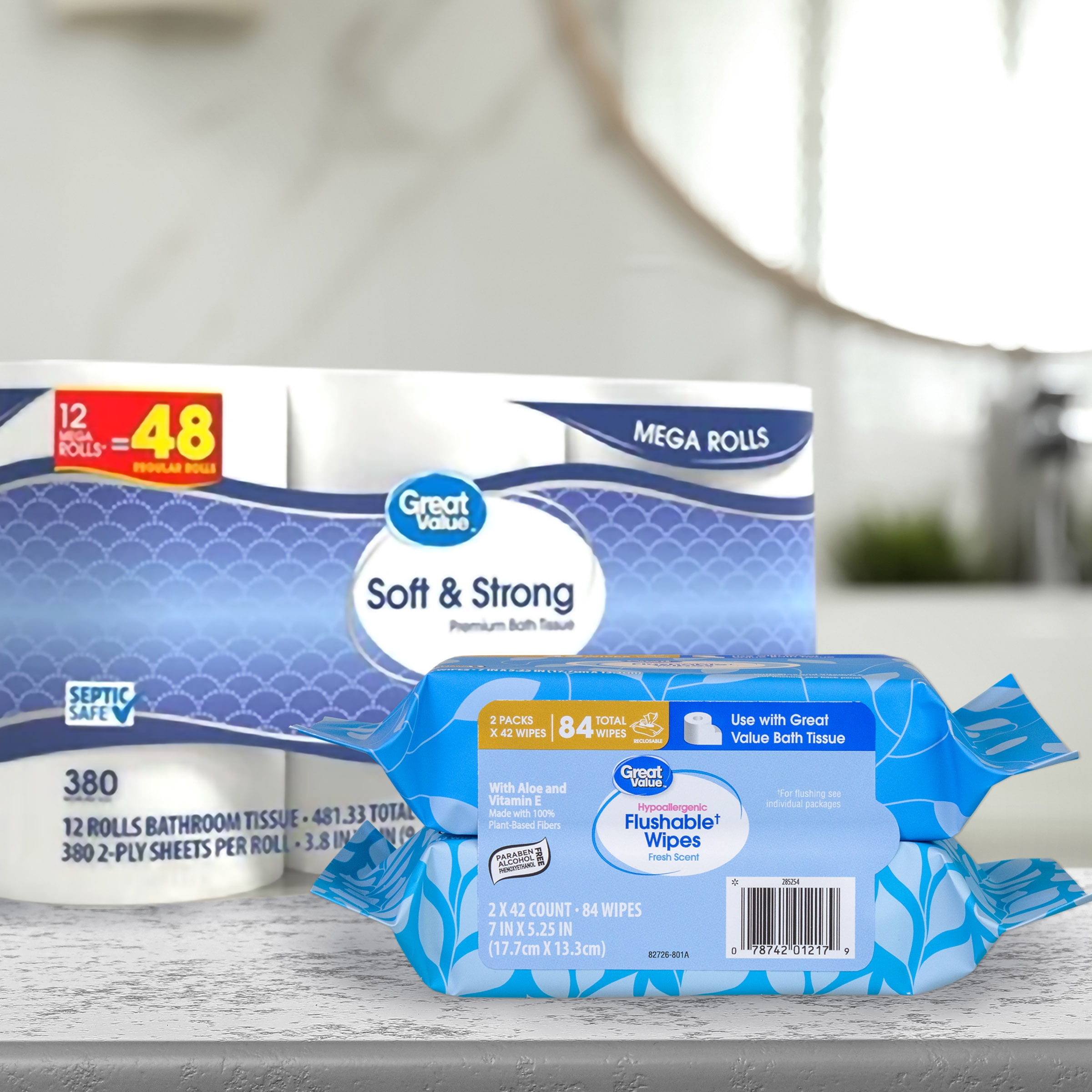 (8 pack) Great Value Fresh Scent Flushable Wipes, 2 Resealable Packs, 84 Total Flushable Wipes