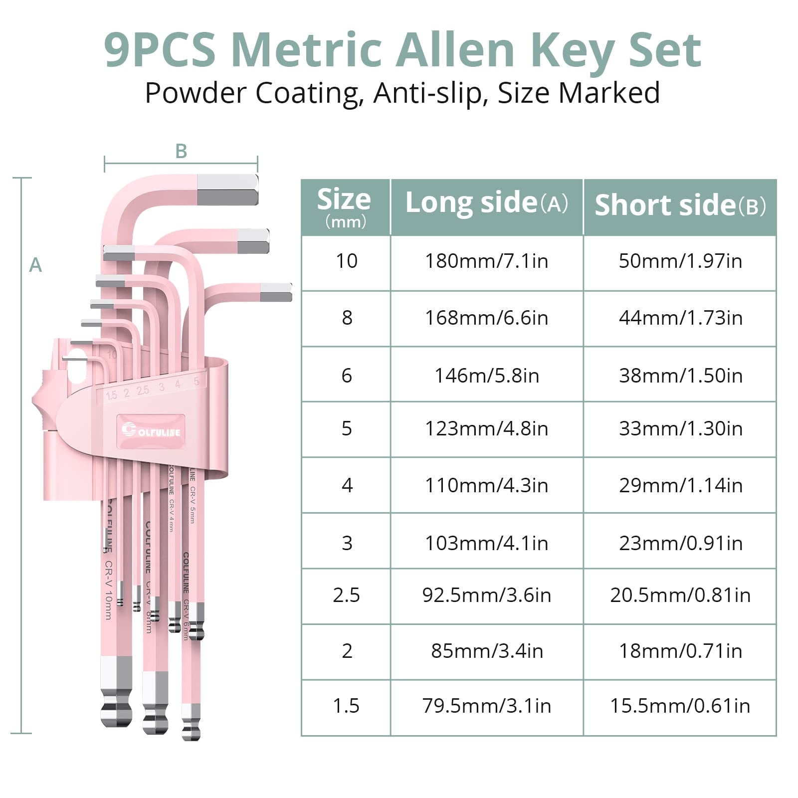 COLFULINE 9-Piece Pink Long Ball End Hex Key Set, Cr-V Allen Wrench Kit with Color-Coded Sizes (1.5-10mm) - Ideal Gift for Women, Perfect for Home Repair, DIY Projects, Bike & Furniture Maintenance