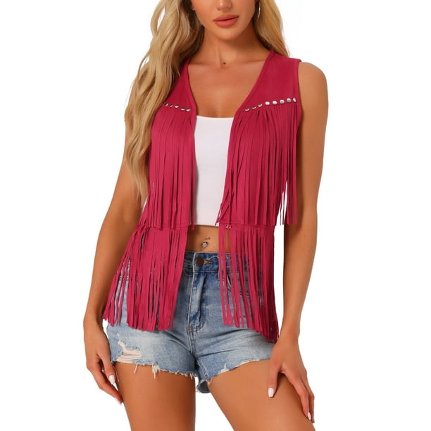 INSPIRAR CHIC Chaleco de Mujer con Flecos, Abierto, Estilo Occidental, Vintage, de Ante Sintético con Borlas, Rojo S