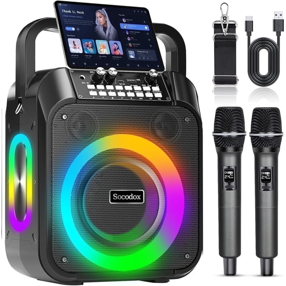 Socodox Karaoke Machine,30W Portable Bluetooth Home Karaoke Speaker with 2  Microphones,6000mAh Battery 12H Playtime,TWS Stereo,RGB Light for Adults,Kids,Parties,Singing,DJ
