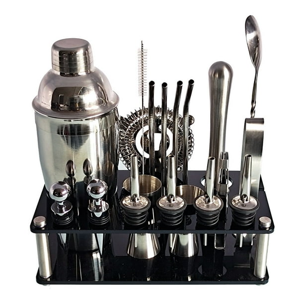 Juego de cóctel de acero inoxidable de estilo japonés de 20 piezas, vaso para batidos, estante de acrílico, herramientas de barra