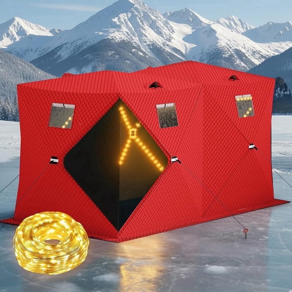 Pop Up Ice Fishing Shelter with LED Light Strip, Windproof Insulated Ice Fishing Tent Portable Hub Frame for 6-8 Person Winter Ice Fishing, Red